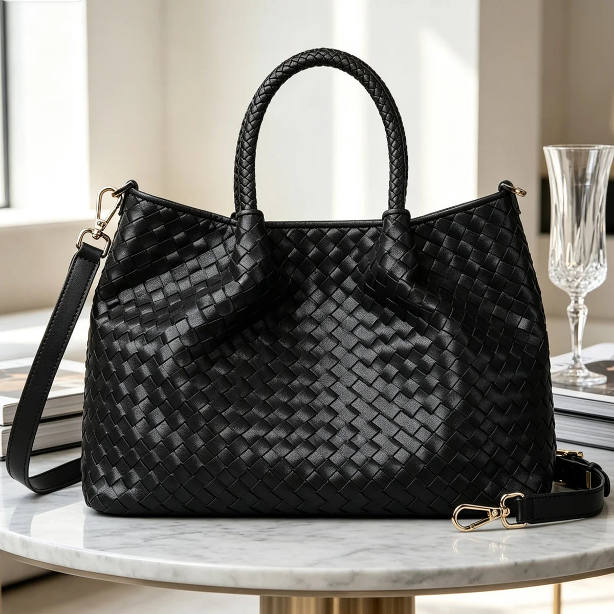 Woven Leather Shoulder Bag for Women