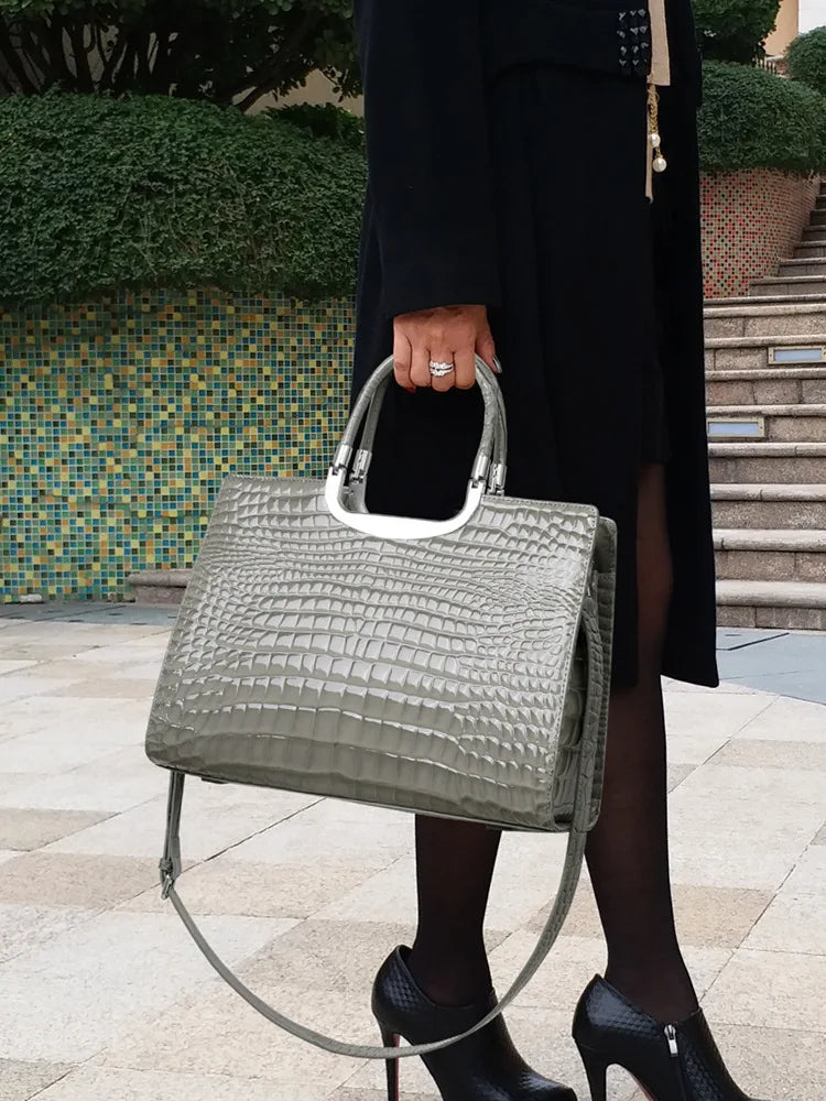 Crocodile-Embossed Tote Bag with Cutout Handle