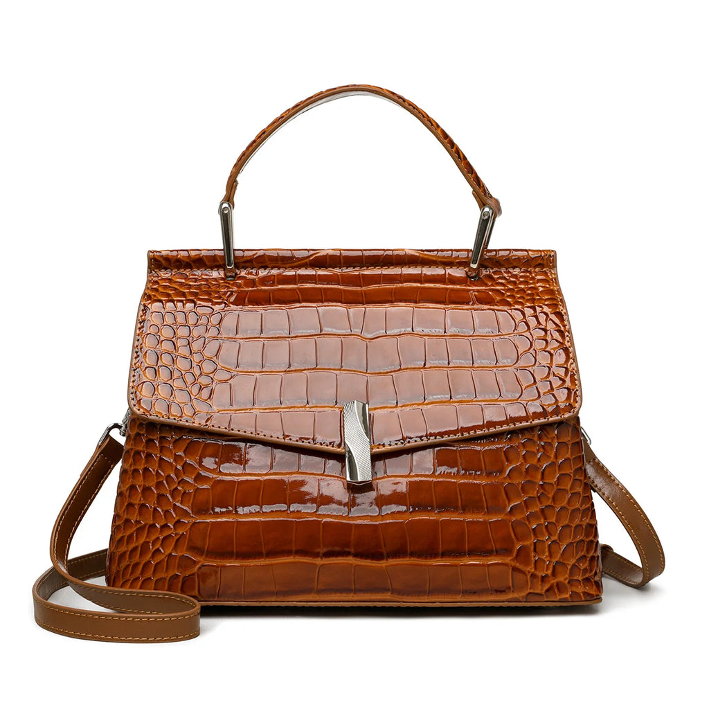 Crocodile-Embossed Leather Satchel Bag