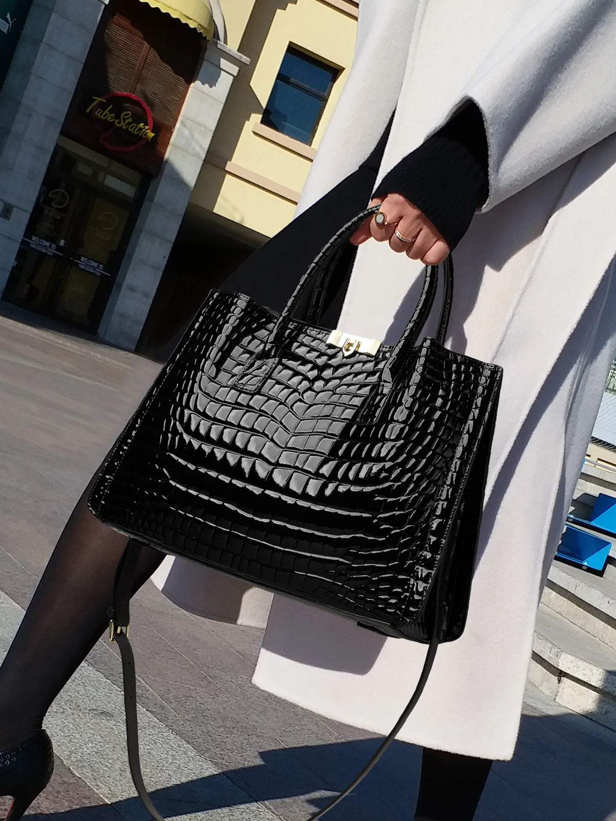 Leather Tote Bag with Woven Strap
