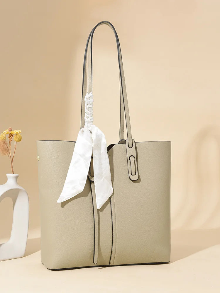 Pebbled Leather Tote Bag with Scarf Tie