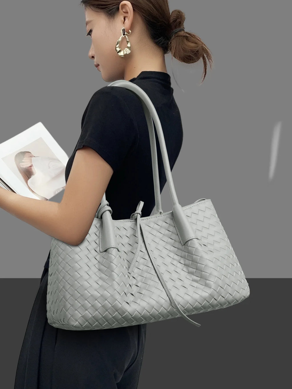 Woven Leather Tote Bag with Knotted Handle