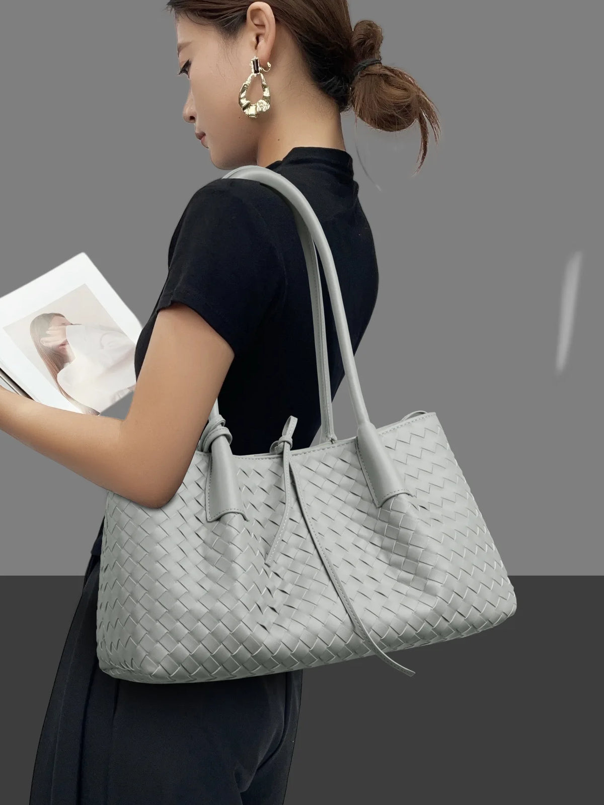 Woven Leather Tote Bag with Knotted Handle