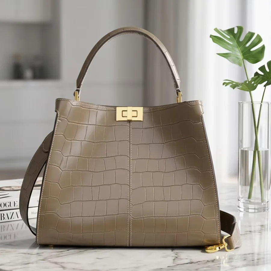 Crocodile-Embossed Tote Bag with Twist-Lock