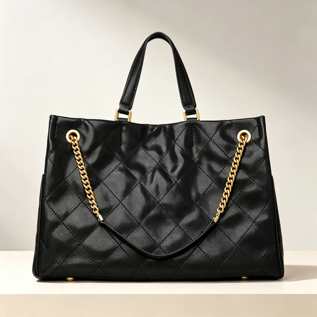 Quilted Leather Tote Bag with Chain Handle