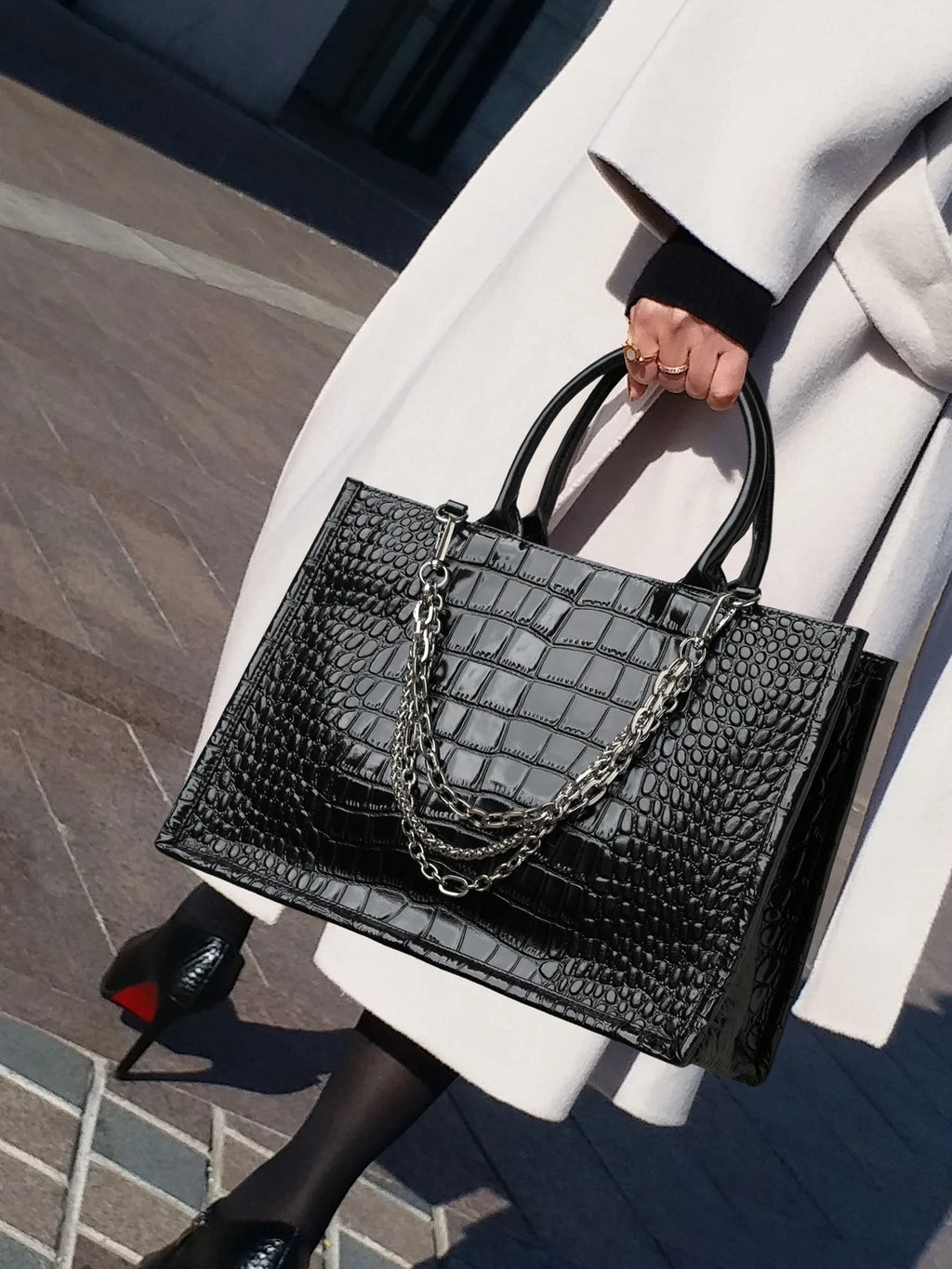 Crocodile-Embossed Tote Bag with Chain Strap
