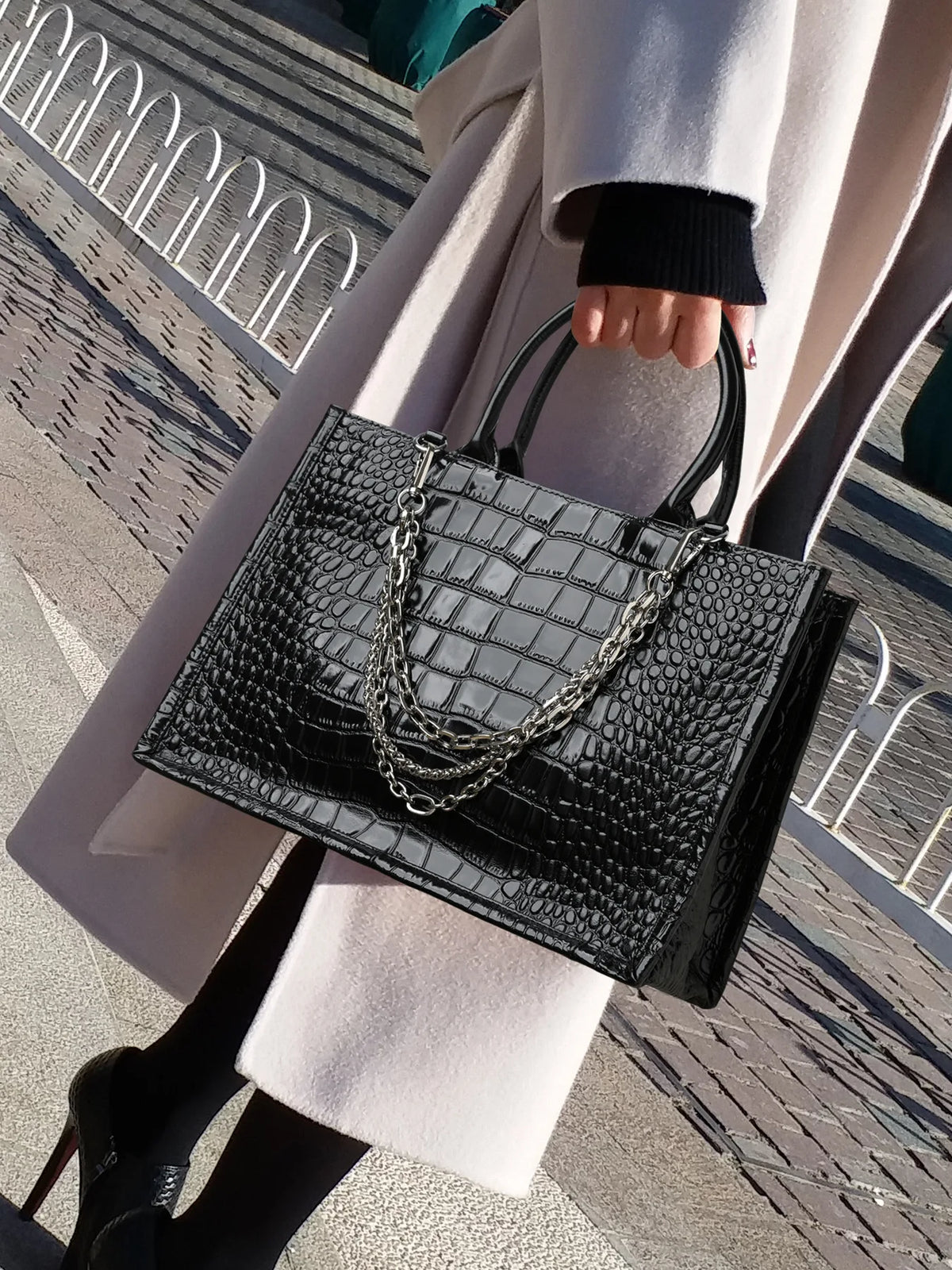 Crocodile-Embossed Tote Bag with Chain Strap