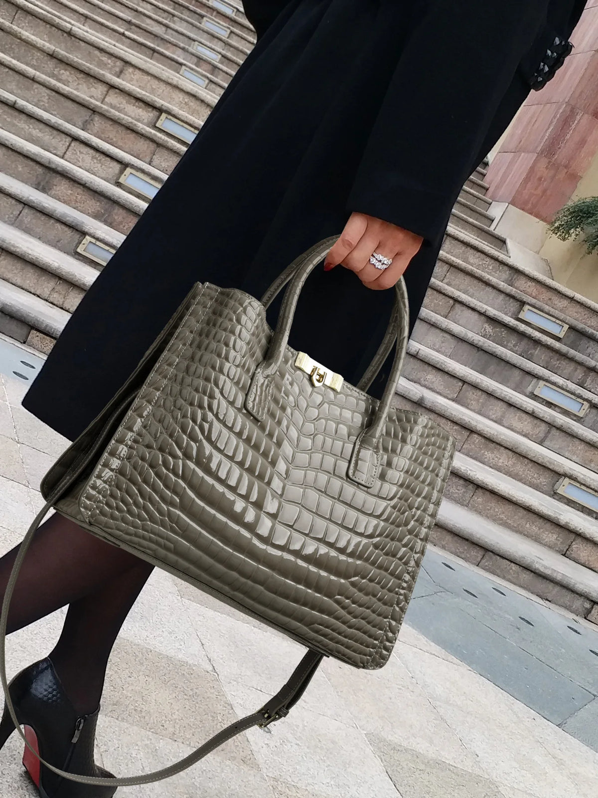 Leather Tote Bag with Woven Strap