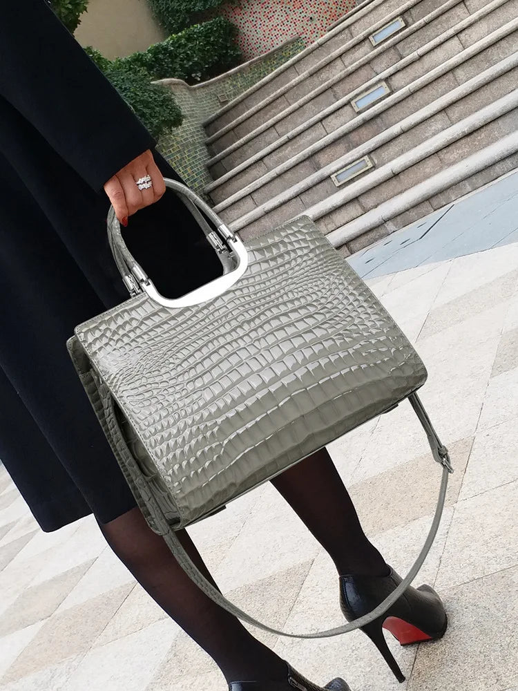 Crocodile-Embossed Tote Bag with Cutout Handle