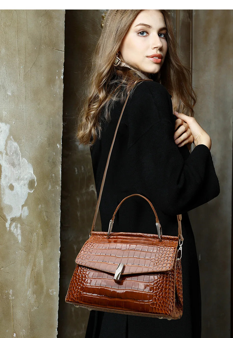 Crocodile-Embossed Leather Satchel Bag