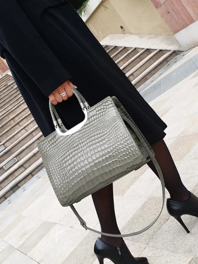 Crocodile-Embossed Tote Bag with Cutout Handle