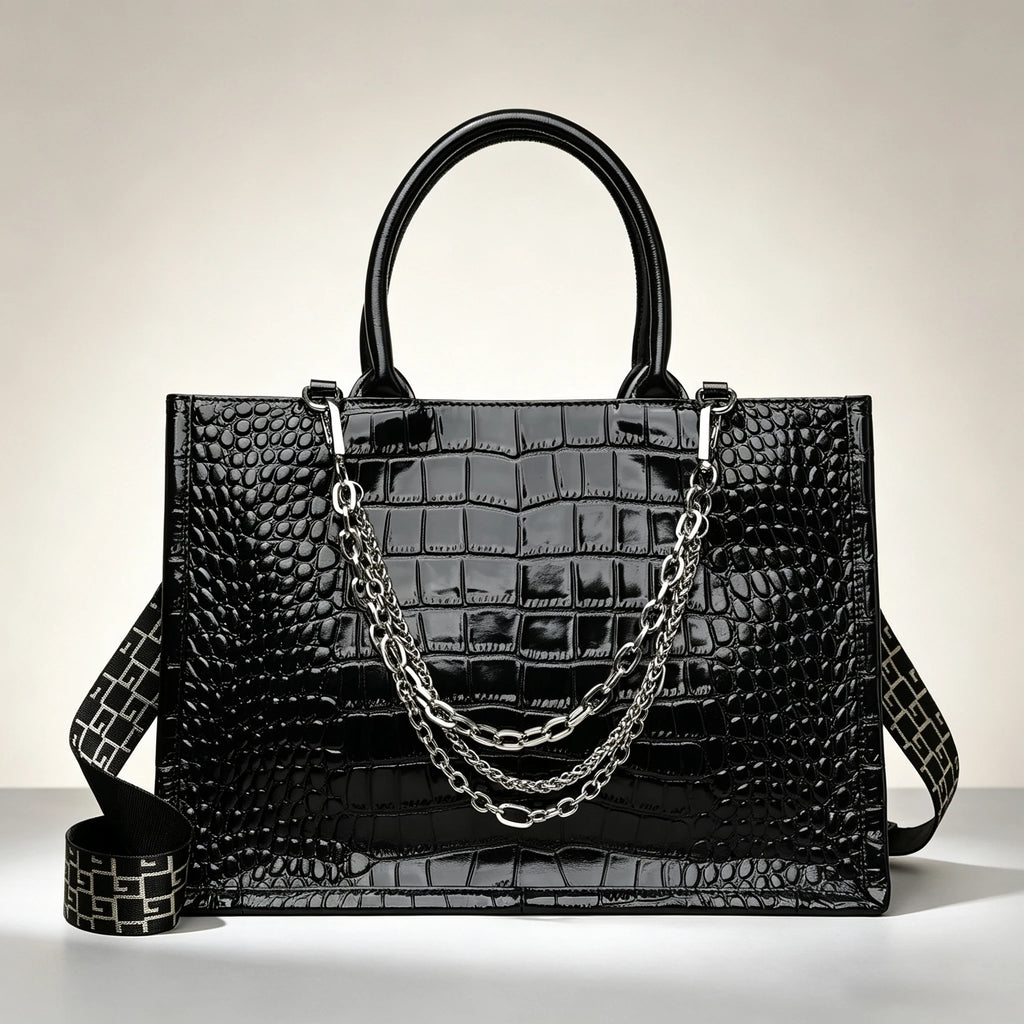 Crocodile-Embossed Tote Bag with Chain Strap