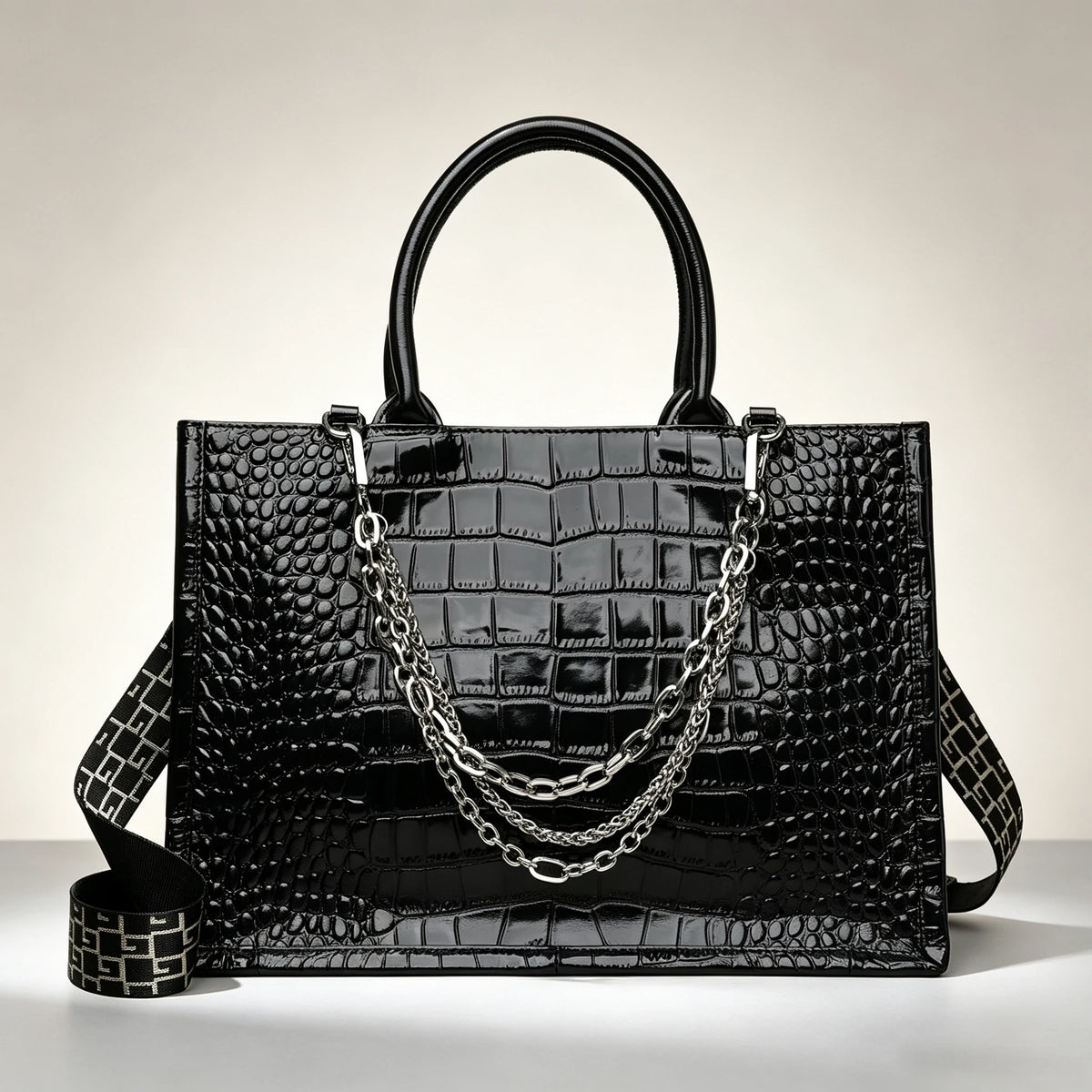 Crocodile-Embossed Tote Bag with Chain Strap