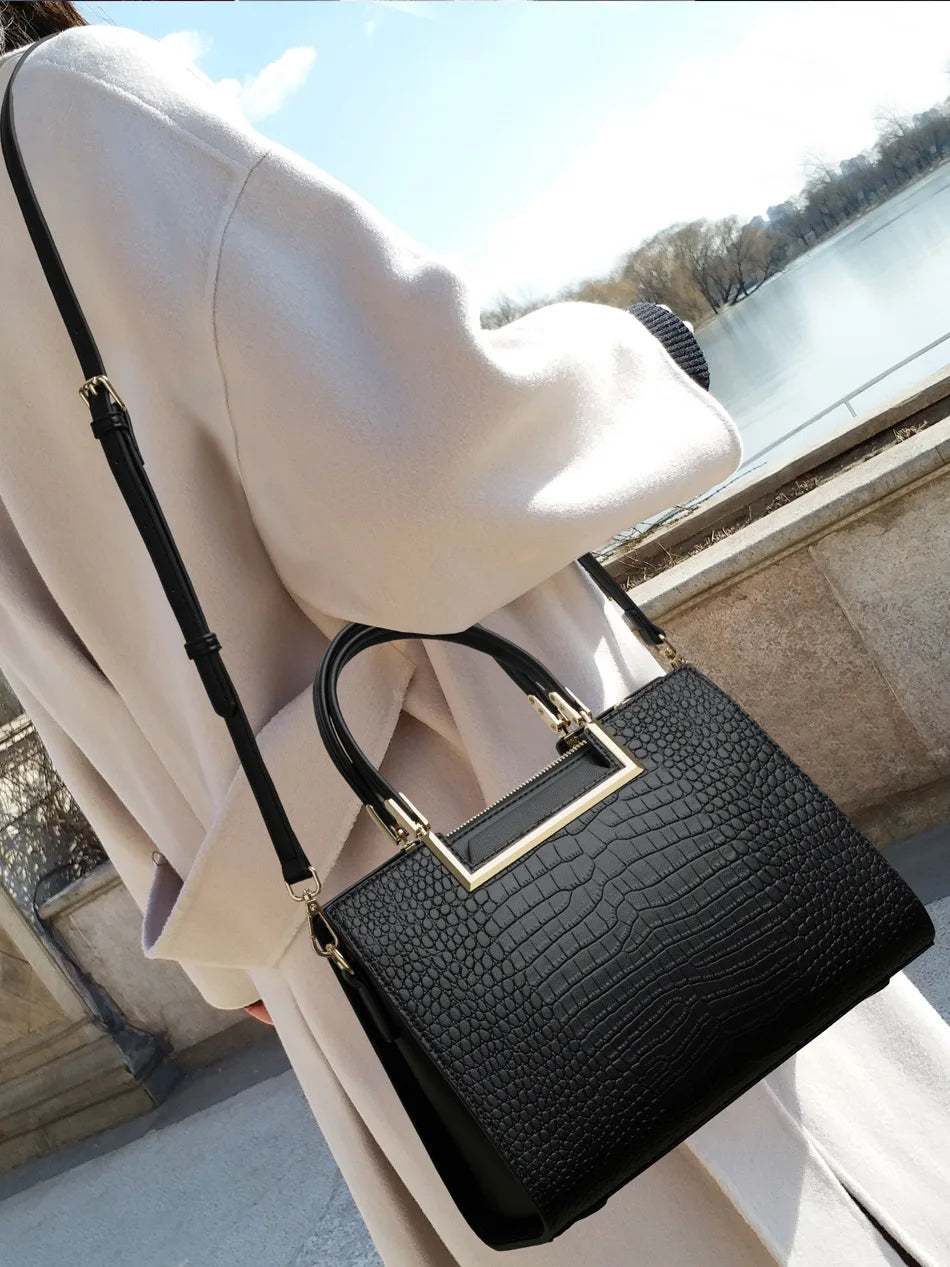 Gold-Frame Crocodile-Embossed Handbag