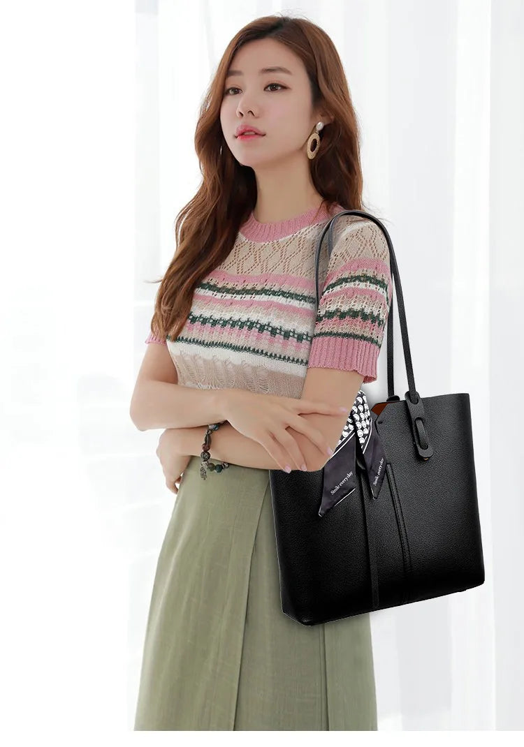 Pebbled Leather Tote Bag with Scarf Tie
