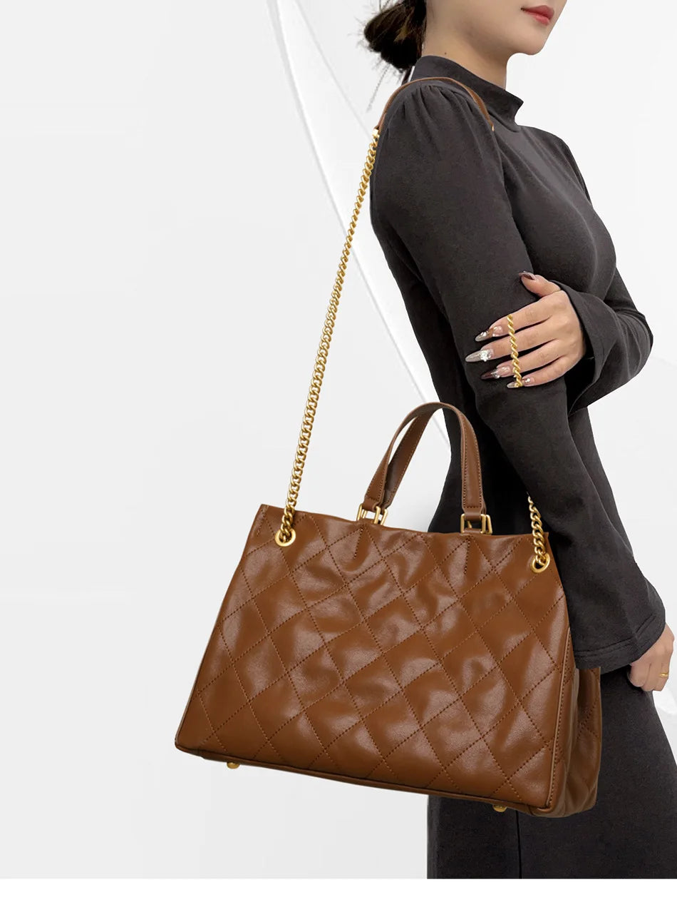 Quilted Leather Tote Bag with Chain Handle