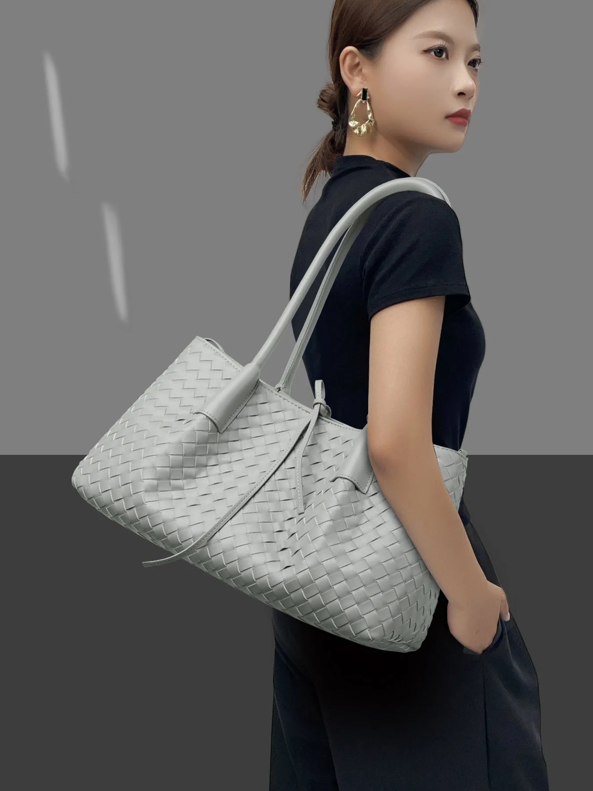 Woven Leather Tote Bag with Knotted Handle