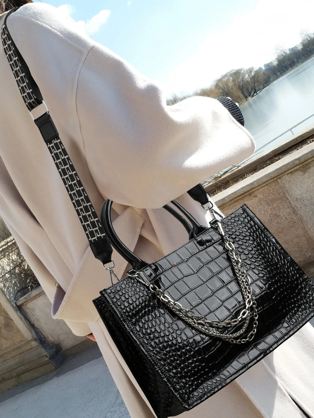 Crocodile-Embossed Tote Bag with Chain Strap
