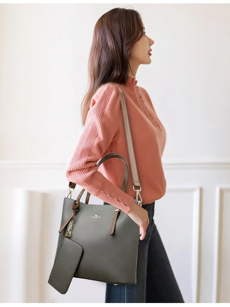 Pebbled Leather Tote Bag with Charm Pouch