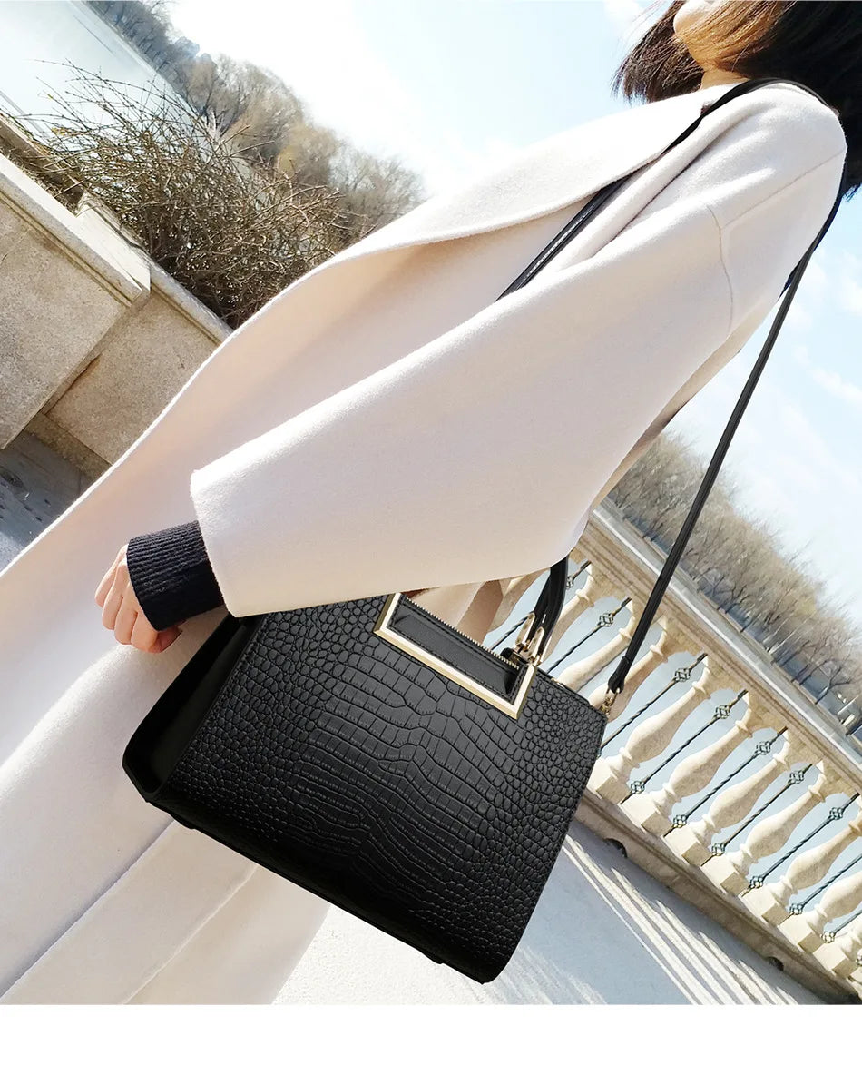 Gold-Frame Crocodile-Embossed Handbag