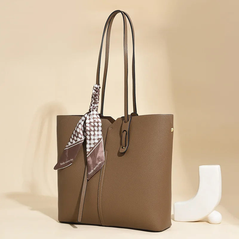 Pebbled Leather Tote Bag with Scarf Tie