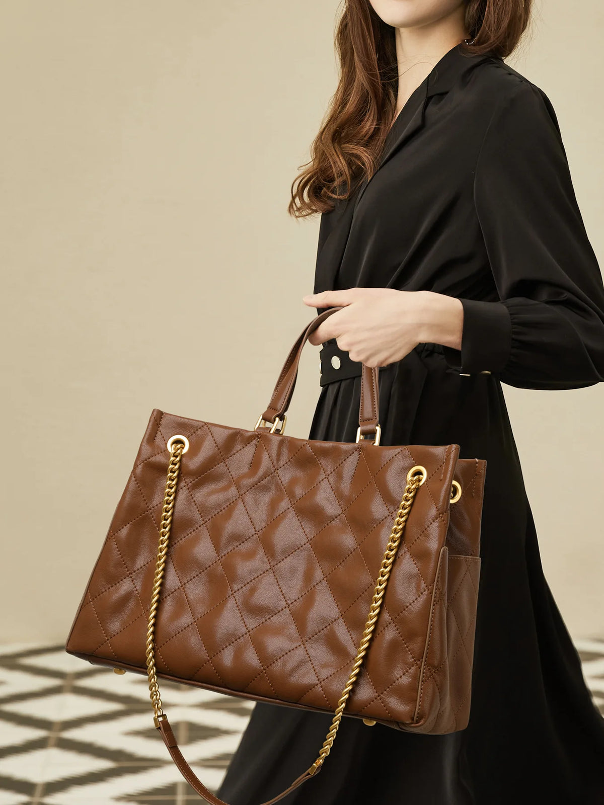 Quilted Leather Tote Bag with Chain Handle