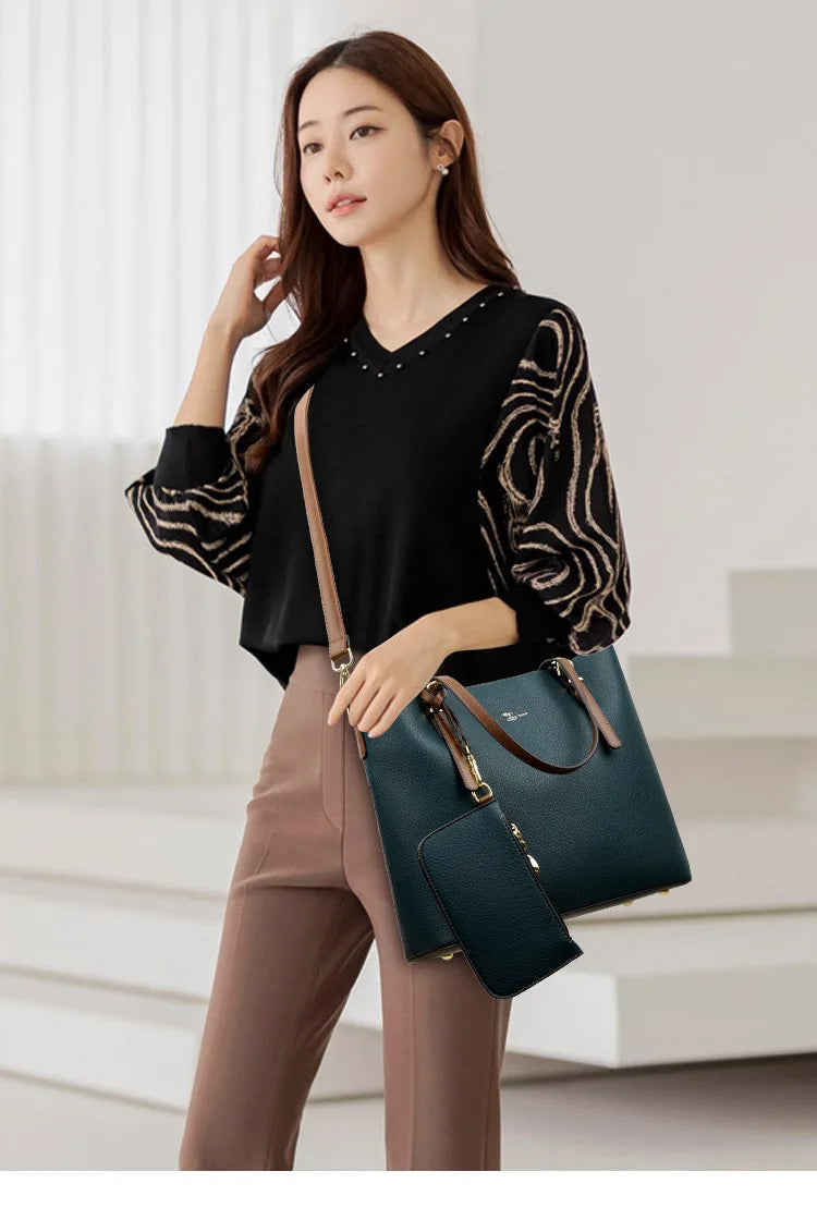 Pebbled Leather Tote Bag with Charm Pouch