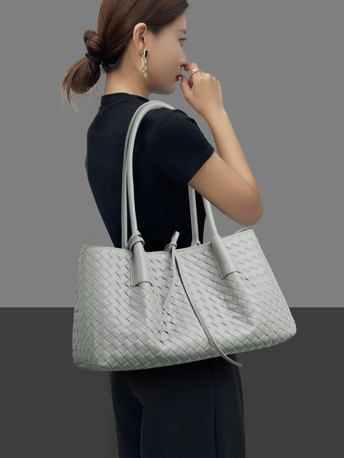 Woven Leather Tote Bag with Knotted Handle