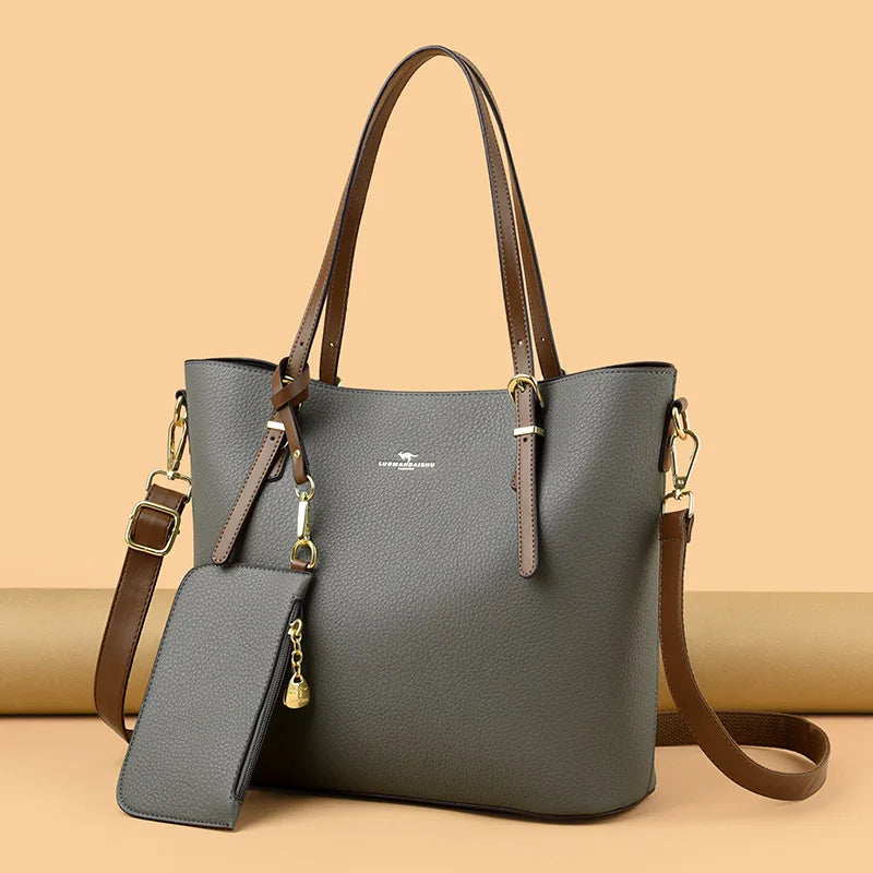 Pebbled Leather Tote Bag with Charm Pouch