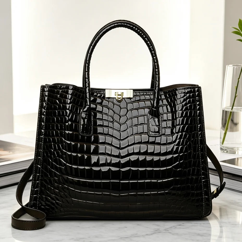 Leather Tote Bag with Woven Strap