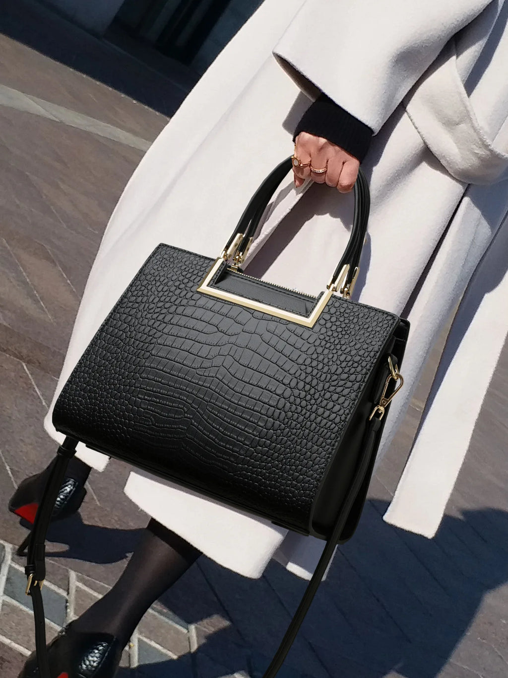 Gold-Frame Crocodile-Embossed Handbag