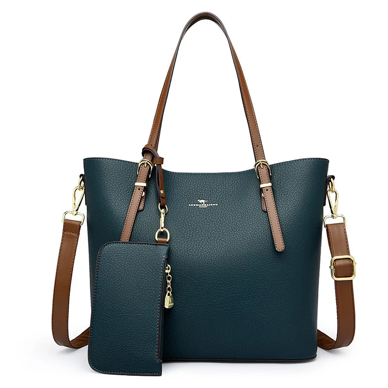 Pebbled Leather Tote Bag with Charm Pouch