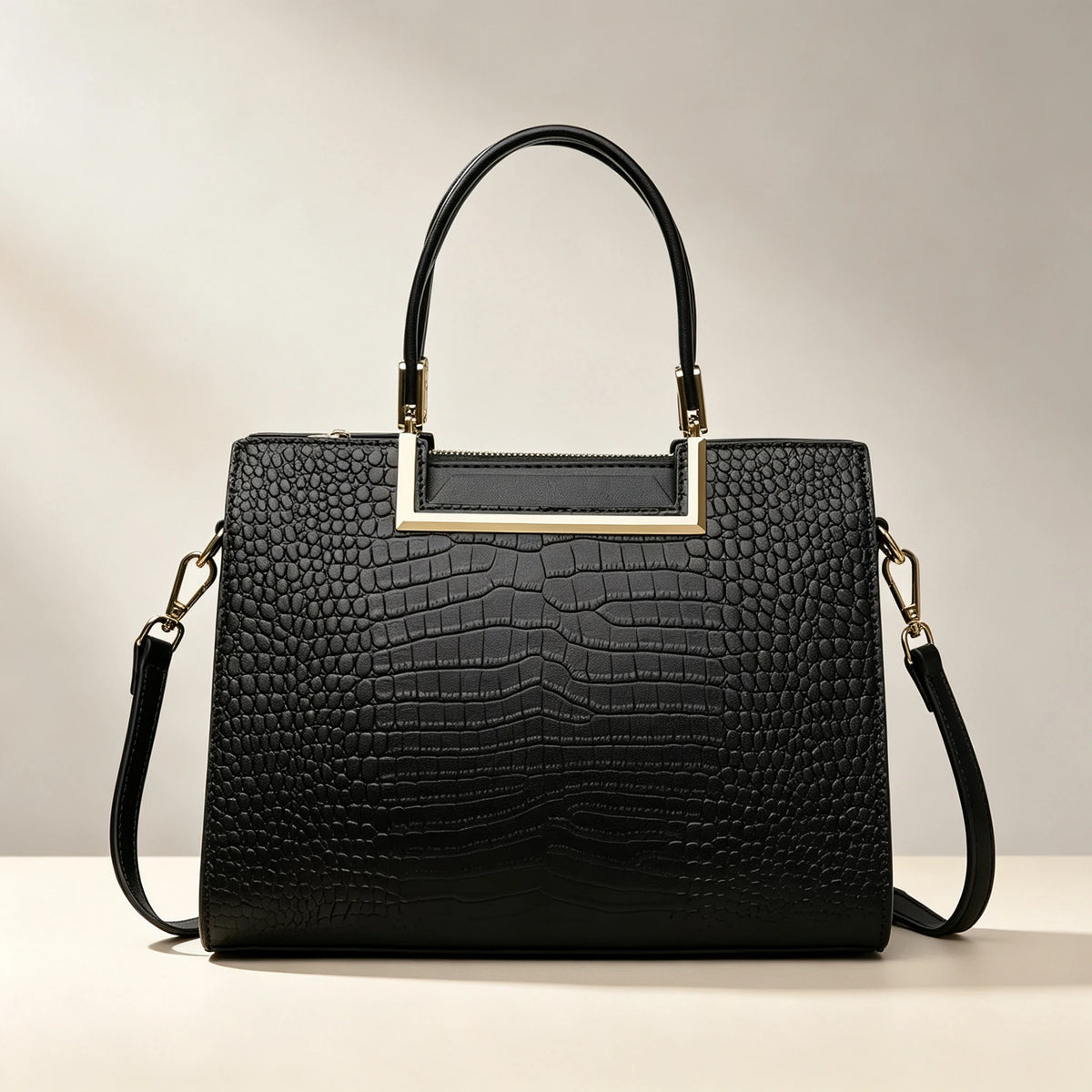 Gold-Frame Crocodile-Embossed Handbag