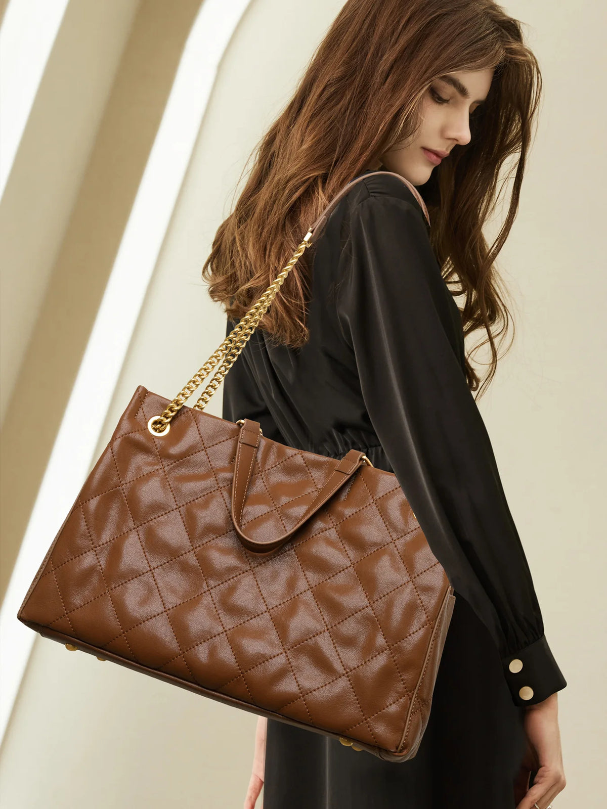 Quilted Leather Tote Bag with Chain Handle