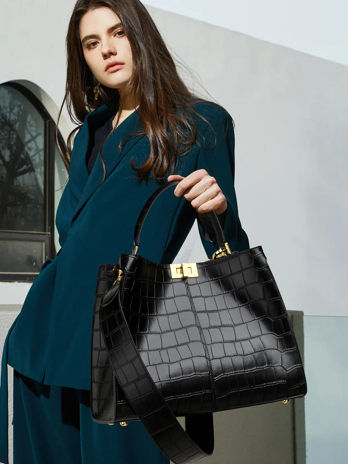 Crocodile-Embossed Tote Bag with Twist-Lock