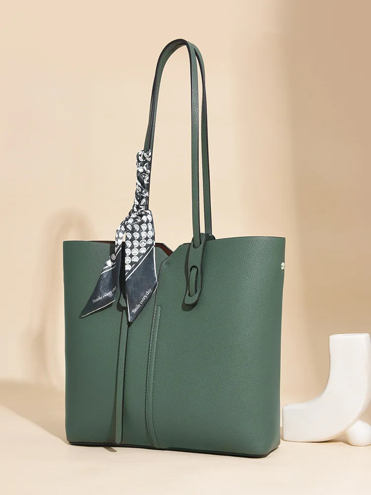Pebbled Leather Tote Bag with Scarf Tie