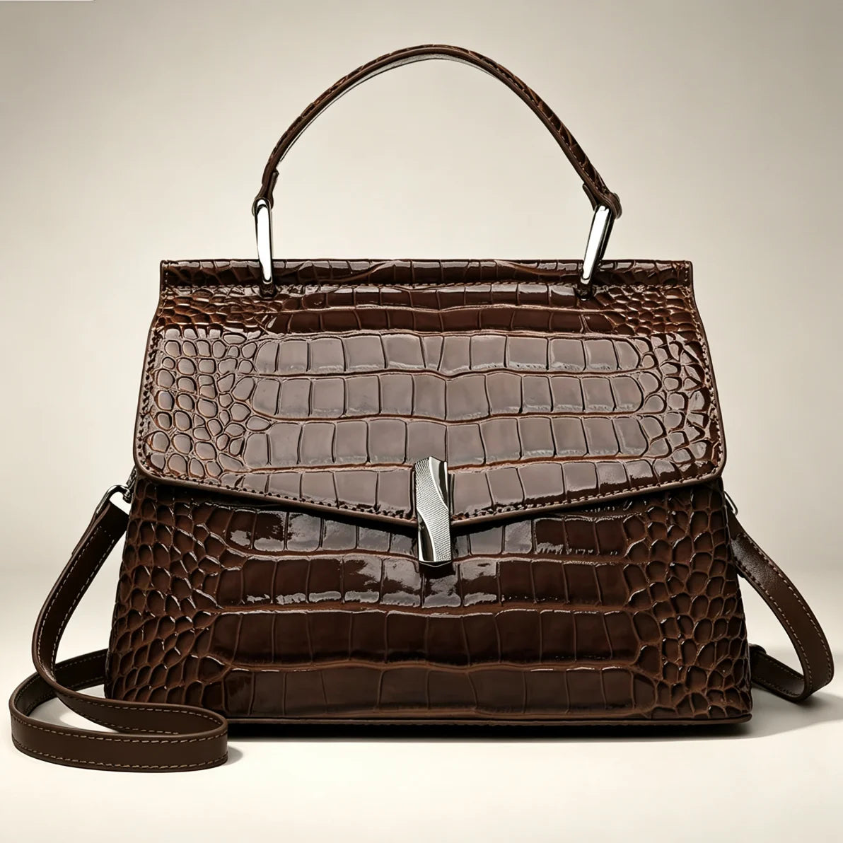 Crocodile-Embossed Leather Satchel Bag