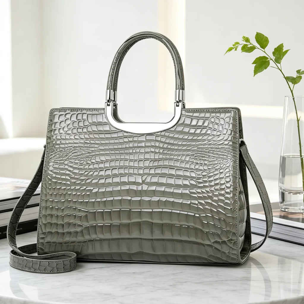 Crocodile-Embossed Tote Bag with Cutout Handle