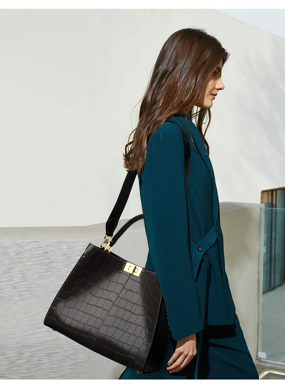 Crocodile-Embossed Tote Bag with Twist-Lock
