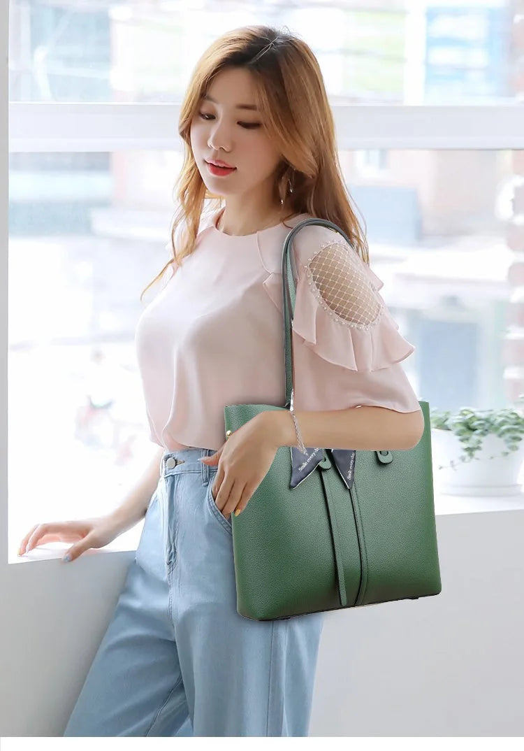 Pebbled Leather Tote Bag with Scarf Tie