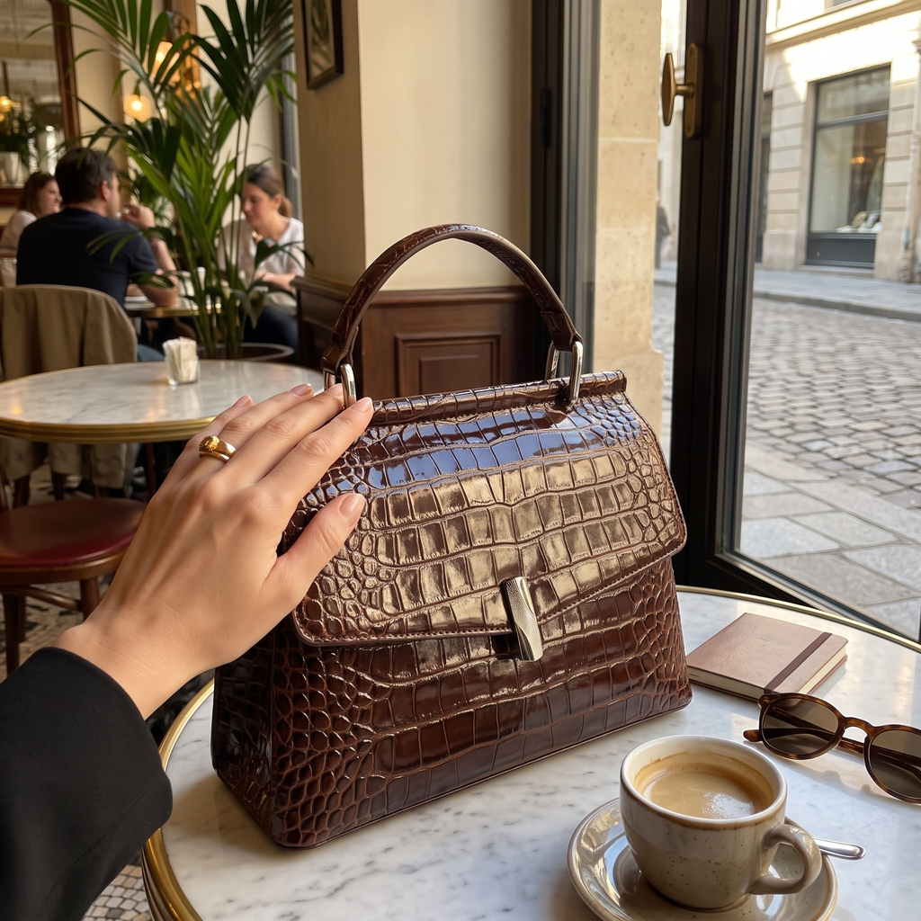 Crocodile-Embossed Leather Satchel Bag