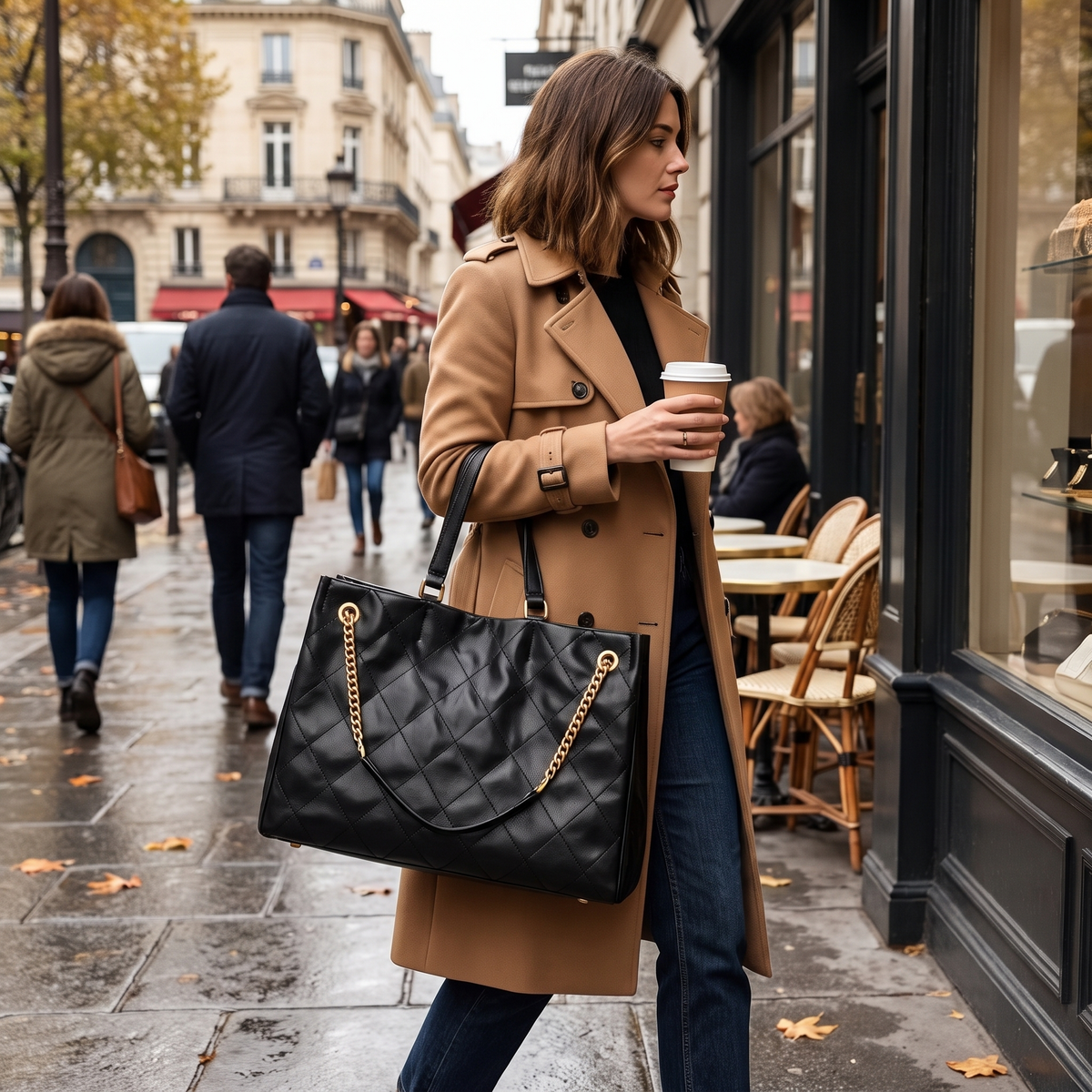 Quilted Leather Tote Bag with Chain Handle
