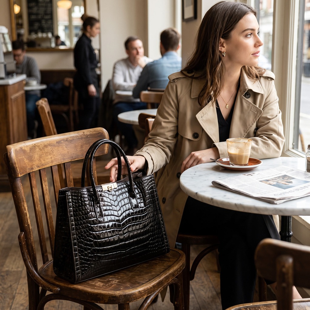 Leather Tote Bag with Woven Strap