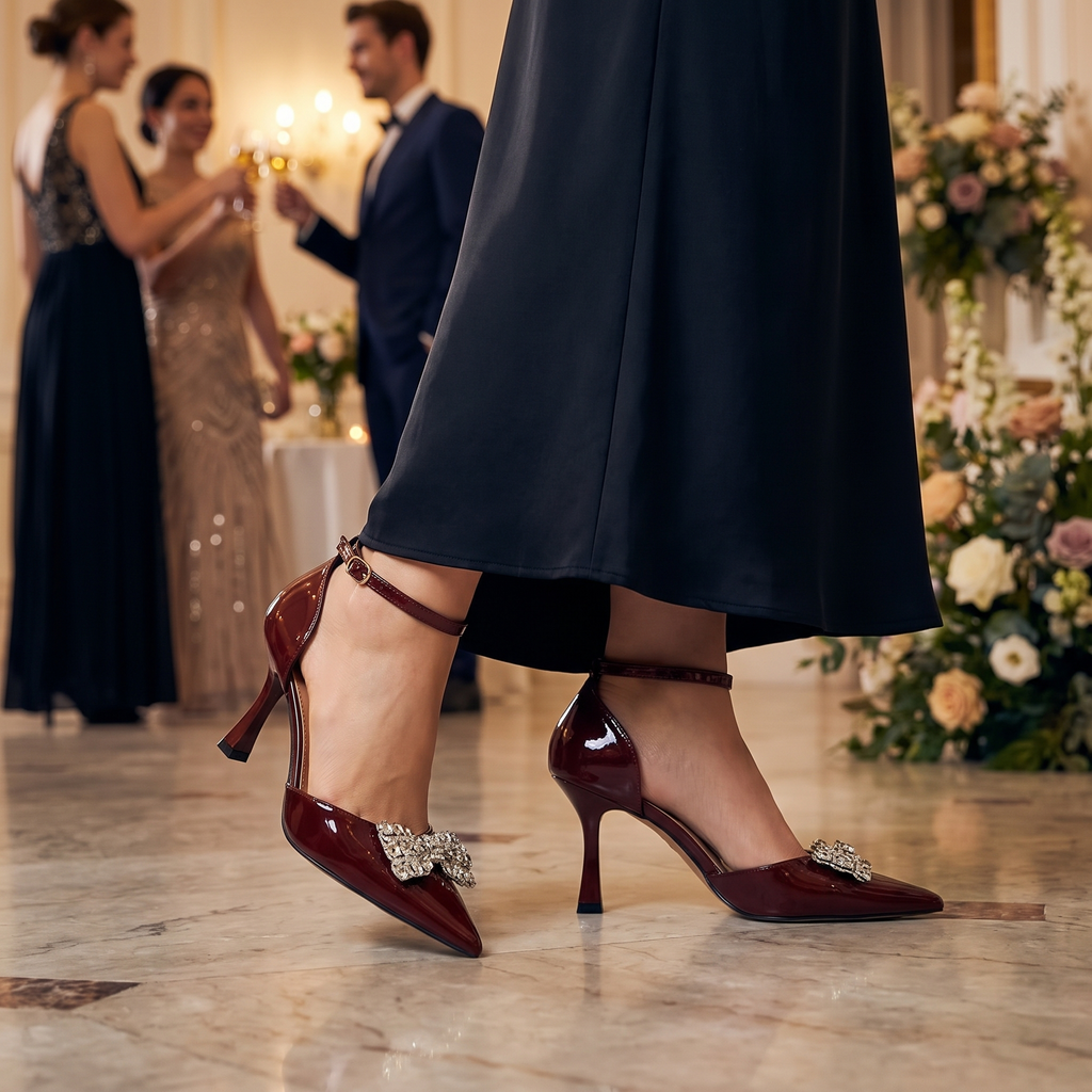 Glitter Bow Pointed-Toe Heels for Women